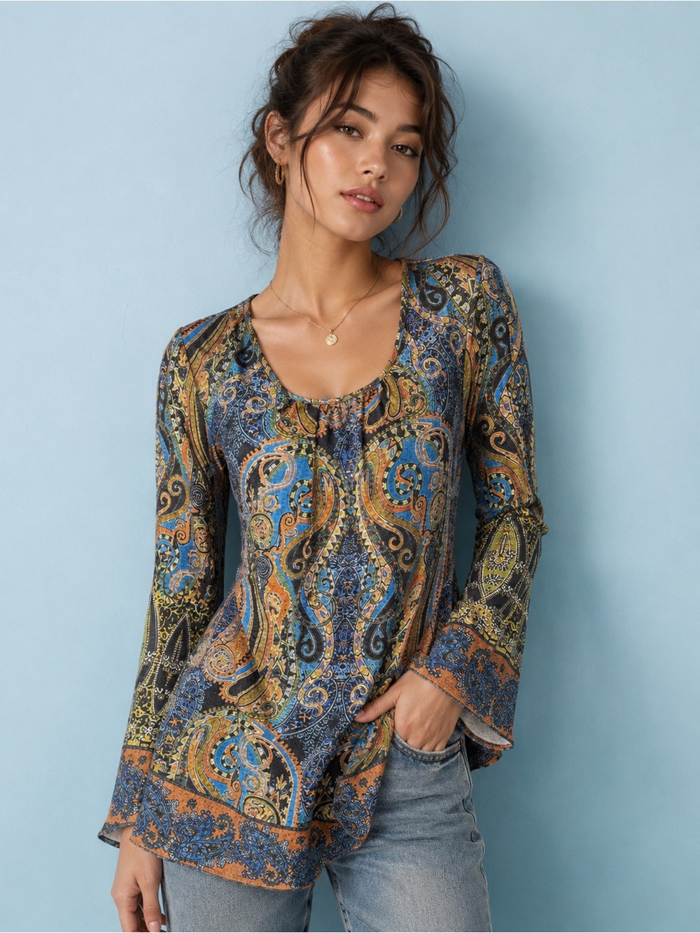 dressbarn Paisley Scoop-Neck Tunic in Blue, Orange, Green